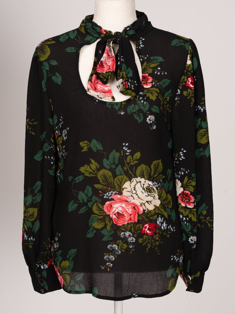 LOFT Black Floral Tie Neck Keyhole Blouse Long Sleeve Small Dark Academia Office